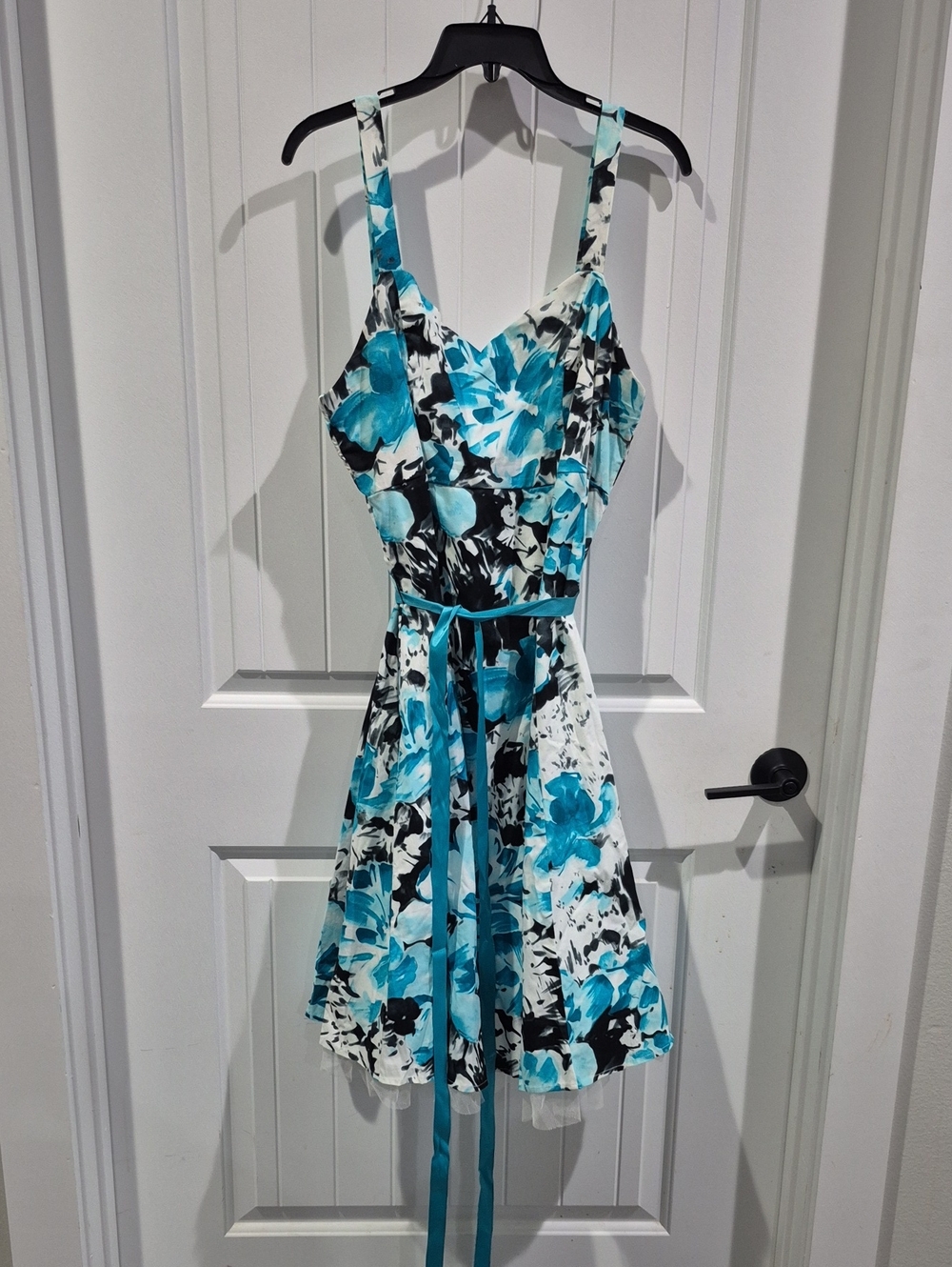 Dress Barn Teal Floral Midi Dress with Black & White Accents